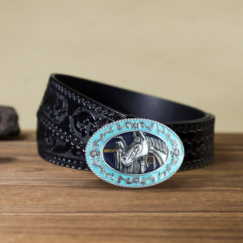 Men's DIY Horse Head Saddle Enameled Buckle Leather Belt - Blue - Black Carved Belt (40) - image 5