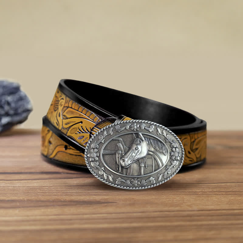 Men's DIY Horse Head Saddle Enameled Buckle Leather Belt - White - SandyBrown Belt (40) - image 16