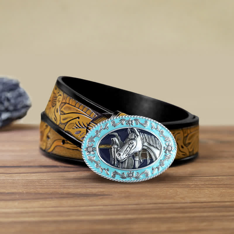 Men's DIY Horse Head Saddle Enameled Buckle Leather Belt - Blue - SandyBrown Belt (40) - image 7