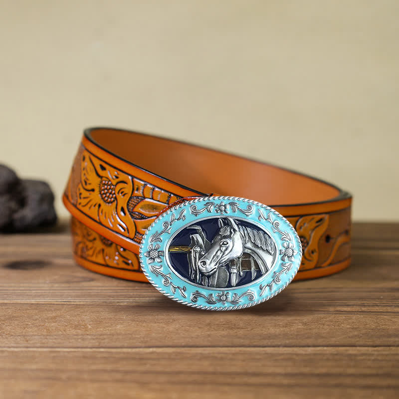 Men's DIY Horse Head Saddle Enameled Buckle Leather Belt - Blue - Orange Carved Belt (40) - image 8