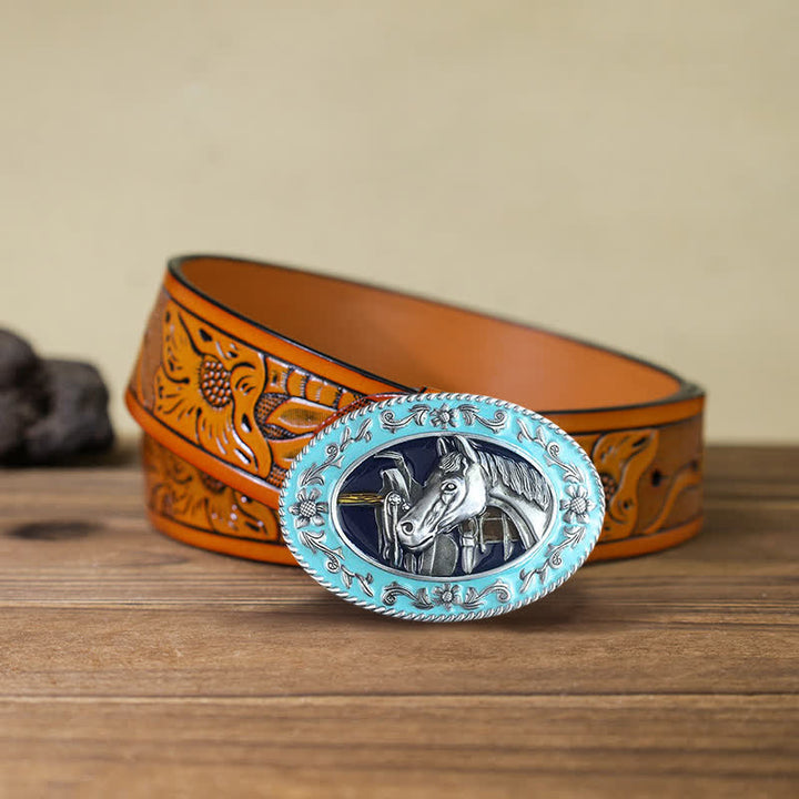 Men's DIY Horse Head Saddle Enameled Buckle Leather Belt - Blue - Orange Carved Belt (40) - image 8