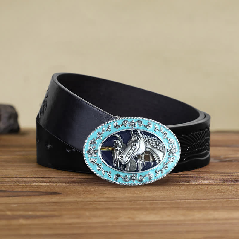 Men's DIY Horse Head Saddle Enameled Buckle Leather Belt - Blue - Black Embossed Eagle Belt (38) - image 3
