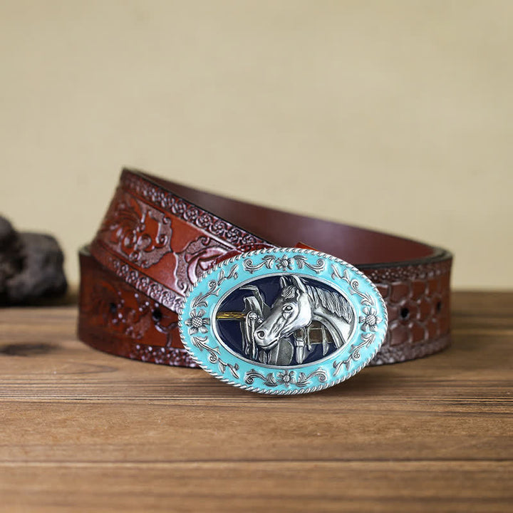 Men's DIY Horse Head Saddle Enameled Buckle Leather Belt - Blue - Brown Carved Belt (40) - image 6