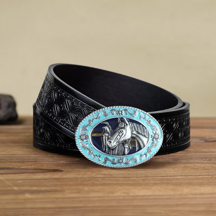 Men's DIY Horse Head Saddle Enameled Buckle Leather Belt - Blue - Black Embossed Weave Belt (38) - image 4