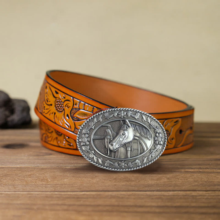 Men's DIY Horse Head Saddle Enameled Buckle Leather Belt - White - Orange Carved Belt (40) - image 17