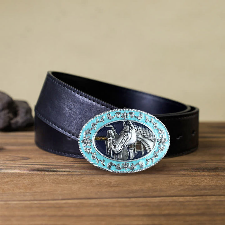 Men's DIY Horse Head Saddle Enameled Buckle Leather Belt - Blue - Black PU Belt (40) - image 2