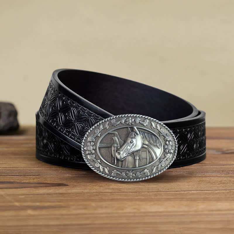 Men's DIY Horse Head Saddle Enameled Buckle Leather Belt - White - Black Embossed Weave Belt (38) - image 13