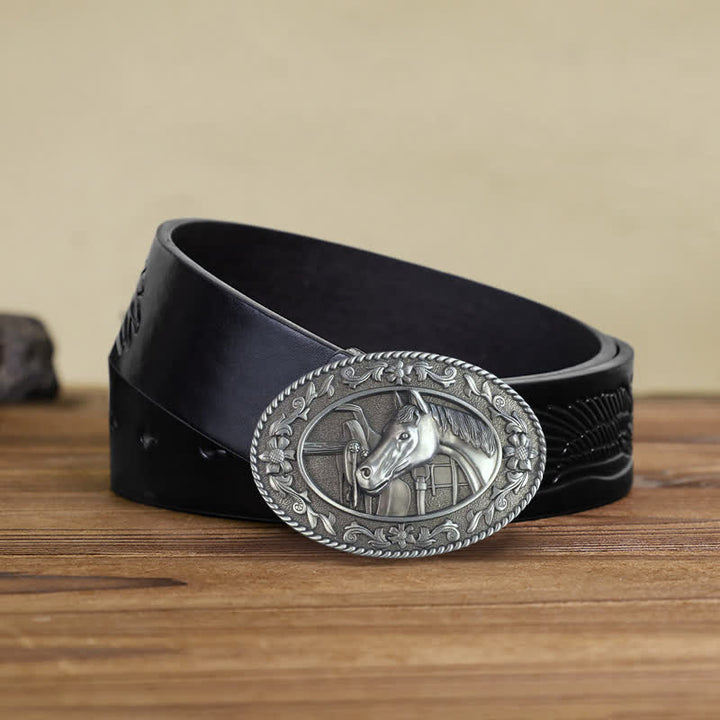 Men's DIY Horse Head Saddle Enameled Buckle Leather Belt - White - Black Embossed Eagle Belt (38) - image 12