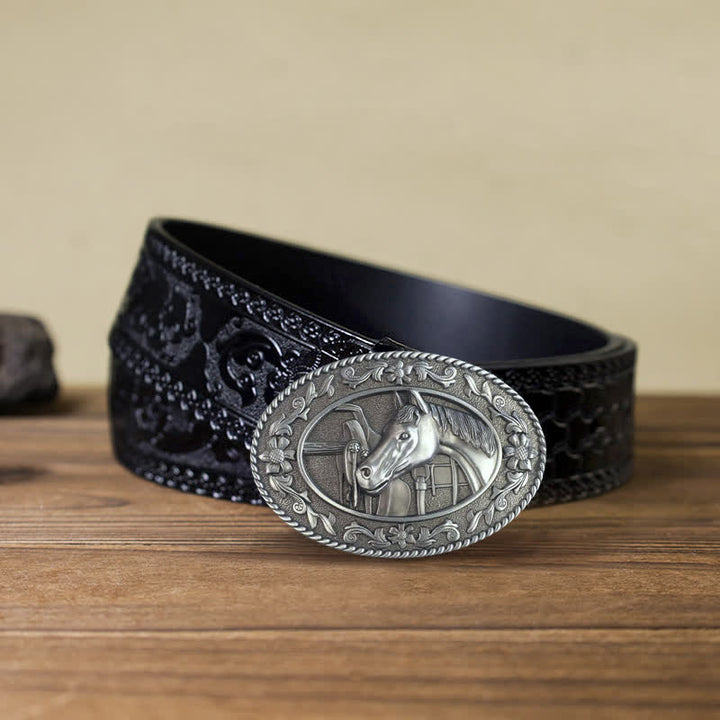 Men's DIY Horse Head Saddle Enameled Buckle Leather Belt - White - Black Carved Belt (40) - image 14