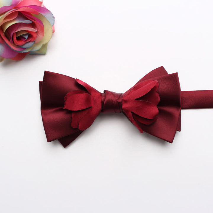 Men's Yarn-dyed Double Layer Flower Ribbon Bow Tie - Red - image 12