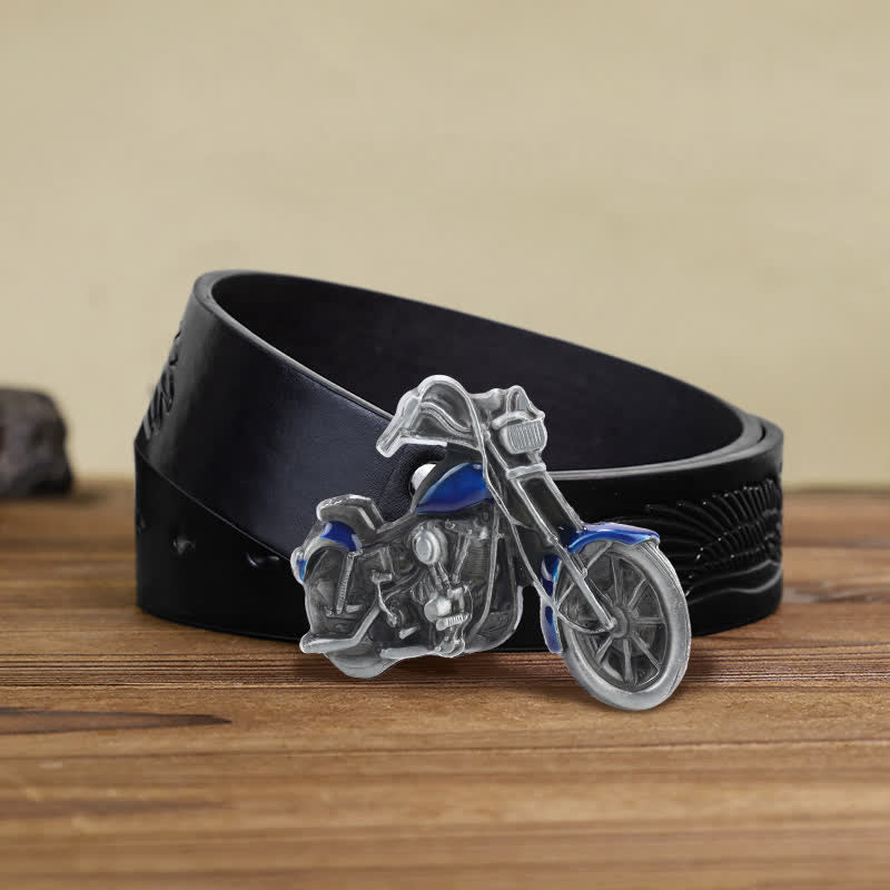 Men's DIY Cool Motorcycle Buckle Leather Belt - Blue - Black Embossed Eagle Belt (38) - image 12