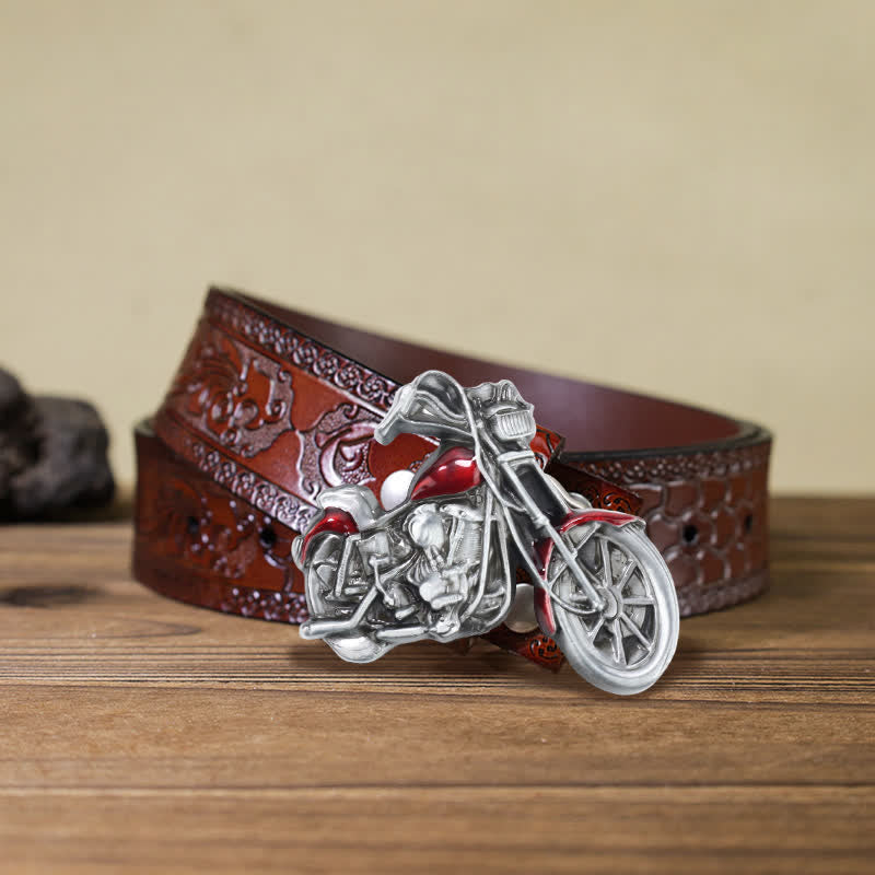 Men's DIY Cool Motorcycle Buckle Leather Belt - Red - Brown Carved Belt (40) - image 7