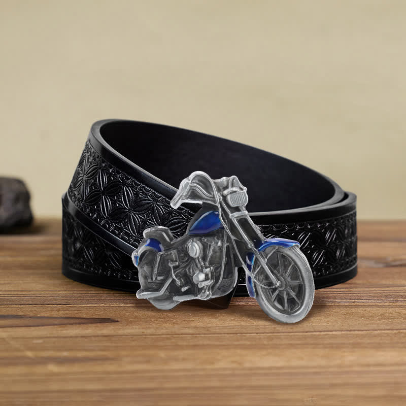 Men's DIY Cool Motorcycle Buckle Leather Belt - Blue - Black Embossed Weave Belt (38) - image 13