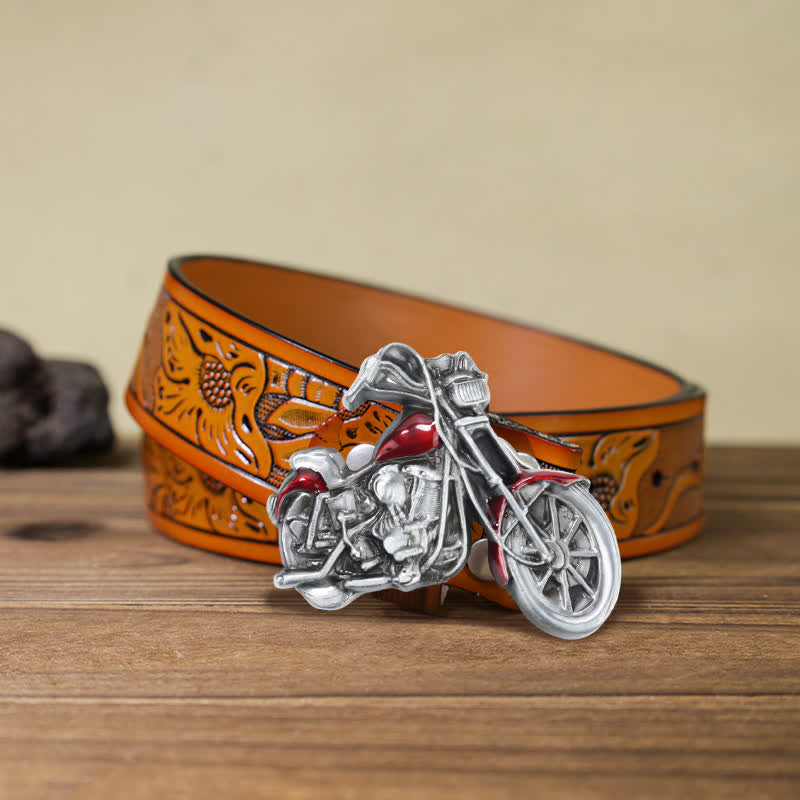 Men's DIY Cool Motorcycle Buckle Leather Belt - Red - Orange Carved Belt (40) - image 9