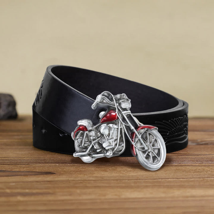 Men's DIY Cool Motorcycle Buckle Leather Belt - Red - Black Embossed Eagle Belt (38) - image 4