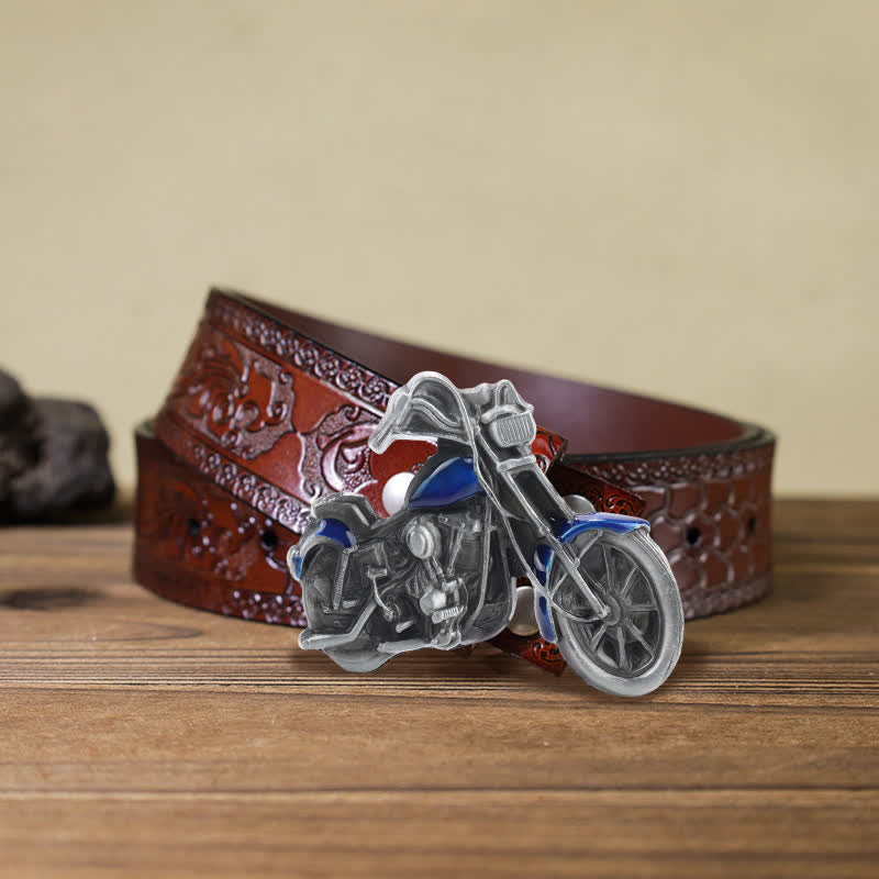 Men's DIY Cool Motorcycle Buckle Leather Belt - Blue - Brown Carved Belt (40) - image 15