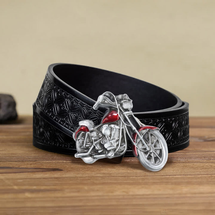 Men's DIY Cool Motorcycle Buckle Leather Belt - Red - Black Embossed Weave Belt (38) - image 5