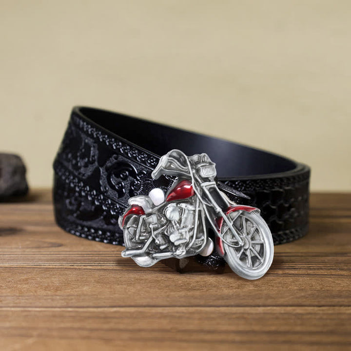 Men's DIY Cool Motorcycle Buckle Leather Belt - Red - Black Carved Belt (40) - image 6