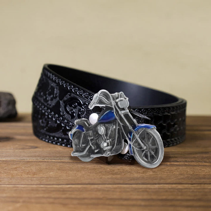 Men's DIY Cool Motorcycle Buckle Leather Belt - Blue - Black Carved Belt (40) - image 14