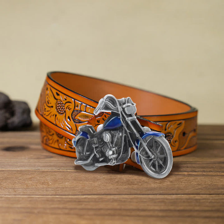 Men's DIY Cool Motorcycle Buckle Leather Belt - Blue - Orange Carved Belt (40) - image 17