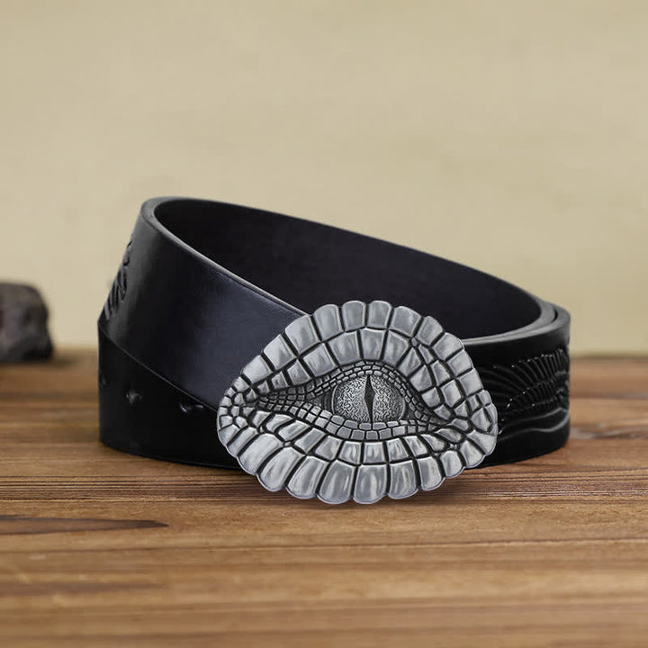 Men's DIY Watcher Alligator Eye Buckle Leather Belt - Alligator Eye - Black Embossed Eagle Belt (38) - image 5