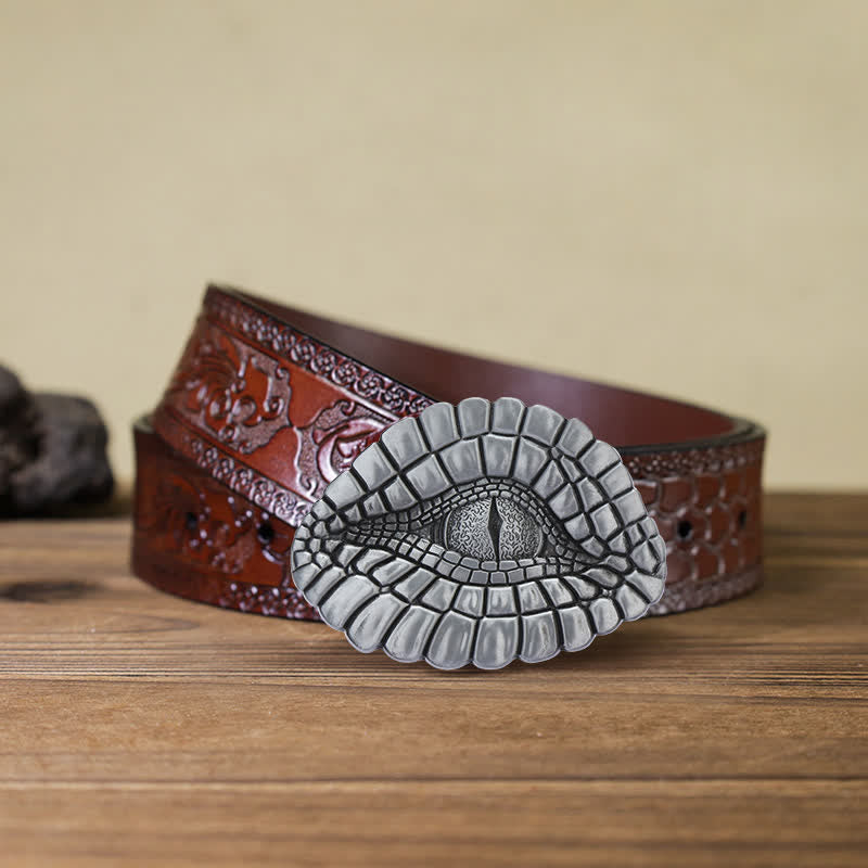 Men's DIY Watcher Alligator Eye Buckle Leather Belt - Alligator Eye - Brown Carved Belt (40) - image 8