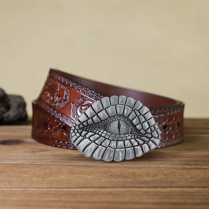 Men's DIY Watcher Alligator Eye Buckle Leather Belt - Alligator Eye - Brown Carved Belt (40) - image 8