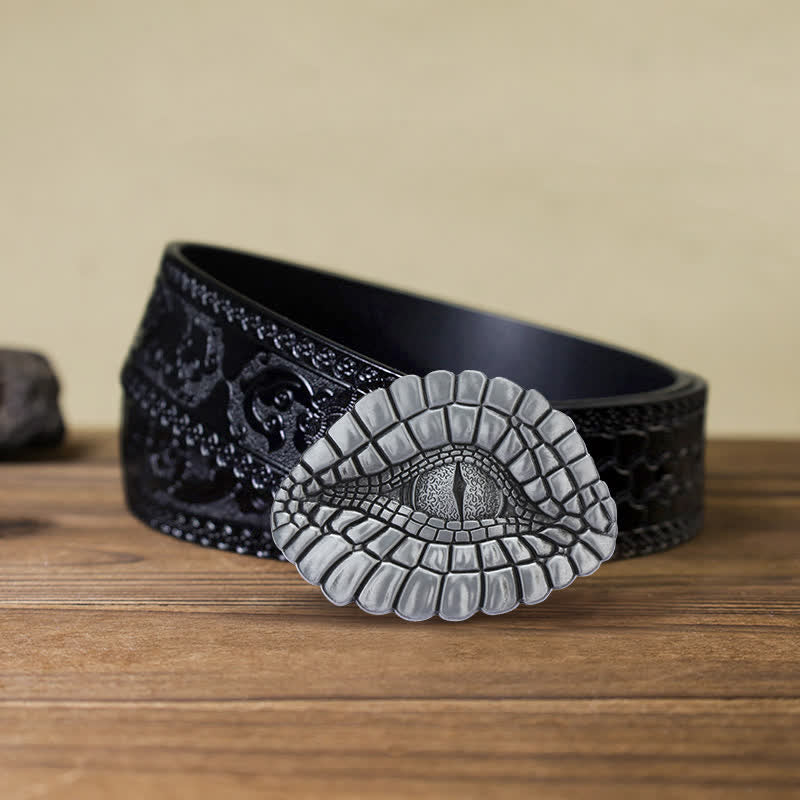 Men's DIY Watcher Alligator Eye Buckle Leather Belt - Alligator Eye - Black Carved Belt (40) - image 7