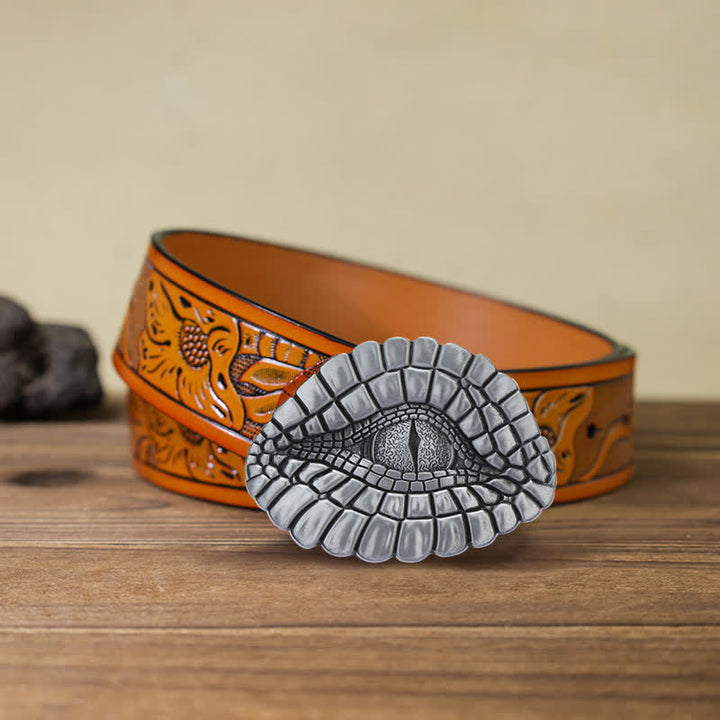 Men's DIY Watcher Alligator Eye Buckle Leather Belt - Alligator Eye - Orange Carved Belt (40) - image 10