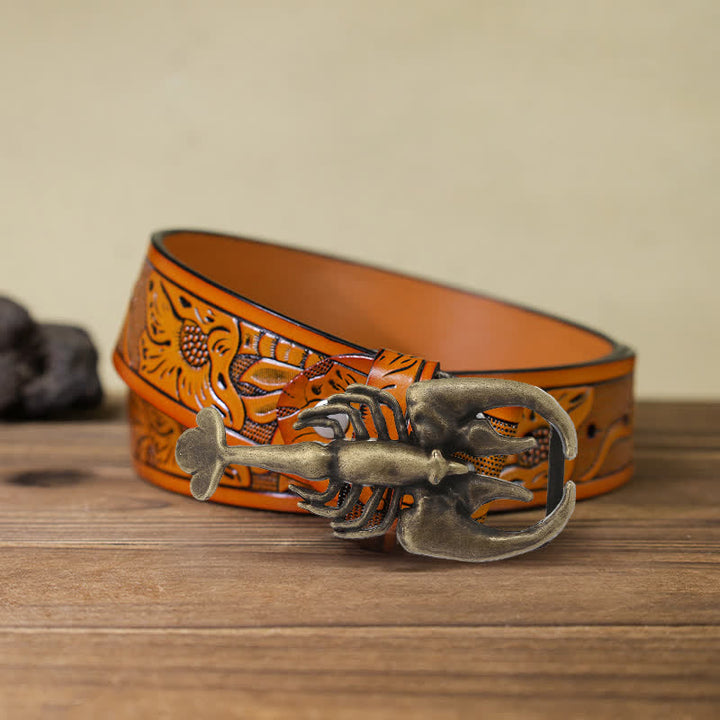 Men's DIY Animal Mini Scorpion Buckle Leather Belt - Scorpion - Orange Carved Belt (40) - image 10