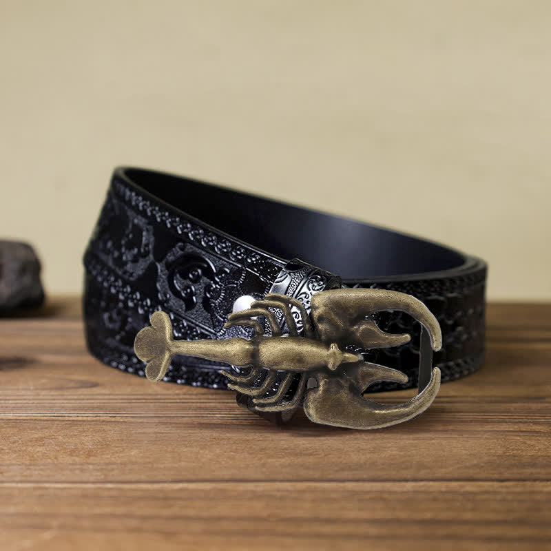 Men's DIY Animal Mini Scorpion Buckle Leather Belt - Scorpion - Black Carved Belt (40) - image 7