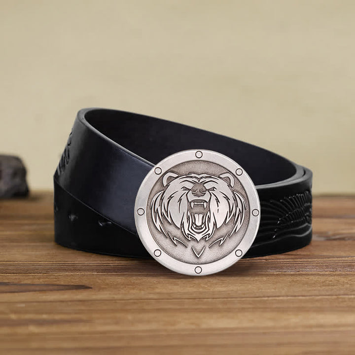 Men's DIY Round Punk Tiger Head Buckle Leather Belt - Tiger Head - Black Embossed Eagle Belt (38) - image 4