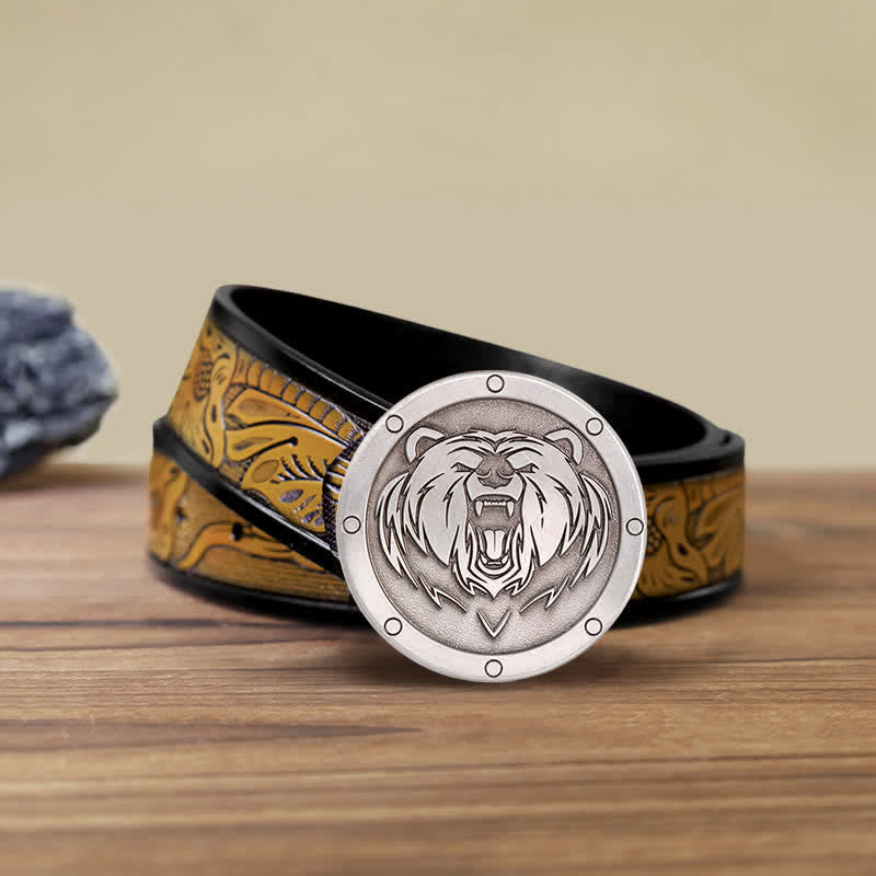 Men's DIY Round Punk Tiger Head Buckle Leather Belt - Tiger Head - SandyBrown Belt (40) - image 8