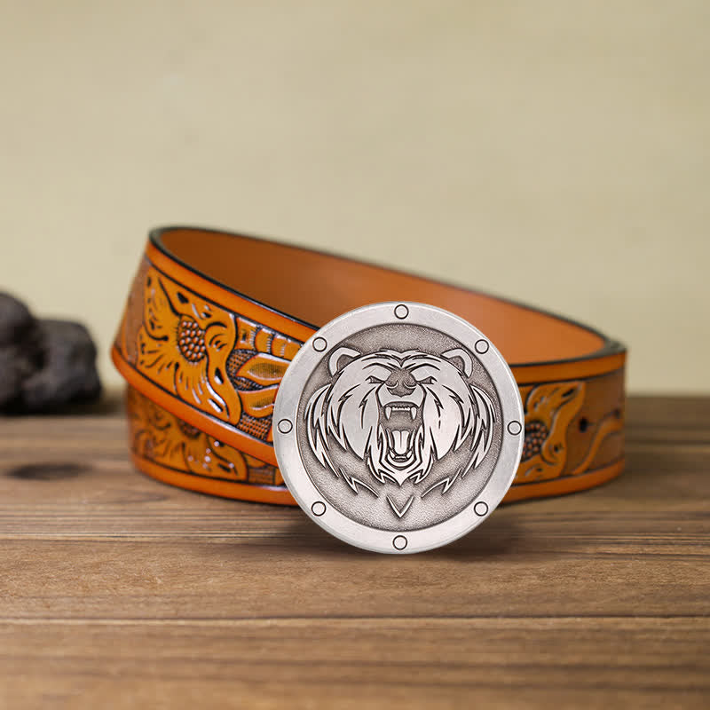 Men's DIY Round Punk Tiger Head Buckle Leather Belt - Tiger Head - Orange Carved Belt (40) - image 9