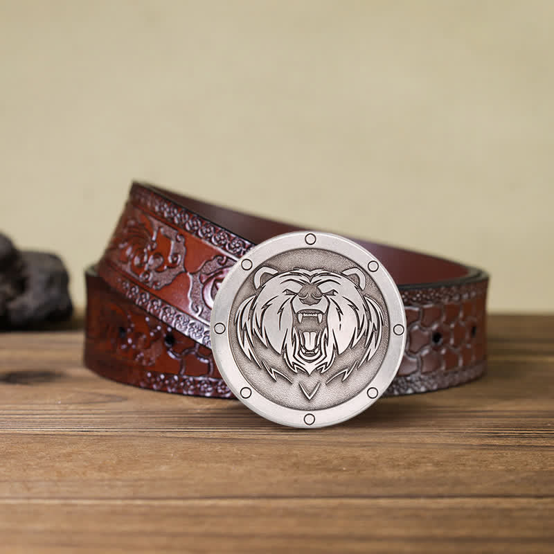 Men's DIY Round Punk Tiger Head Buckle Leather Belt - Tiger Head - Brown Carved Belt (40) - image 7