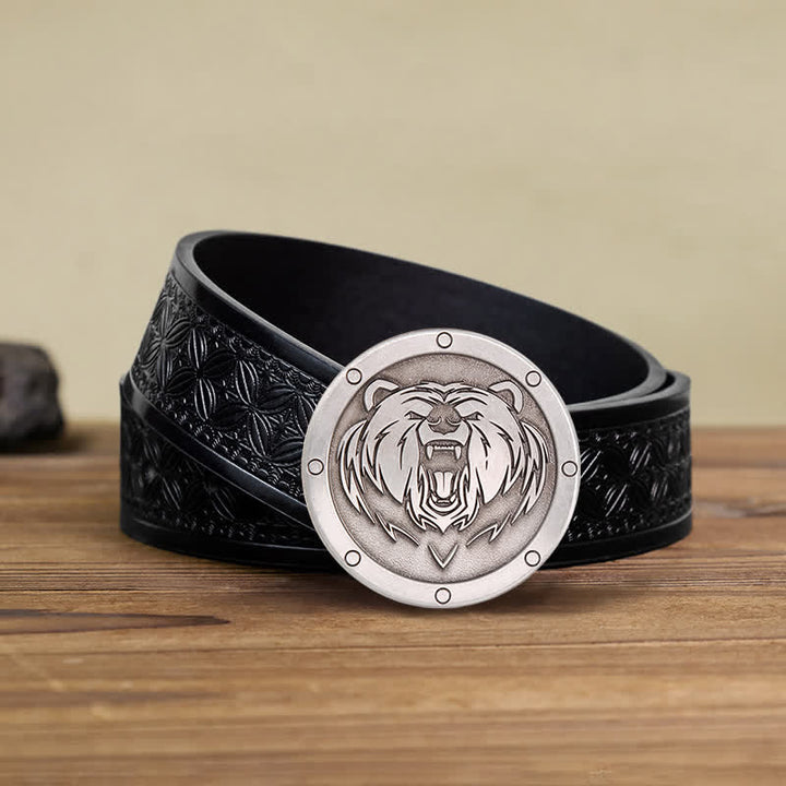 Men's DIY Round Punk Tiger Head Buckle Leather Belt - Tiger Head - Black Embossed Weave Belt (38) - image 5