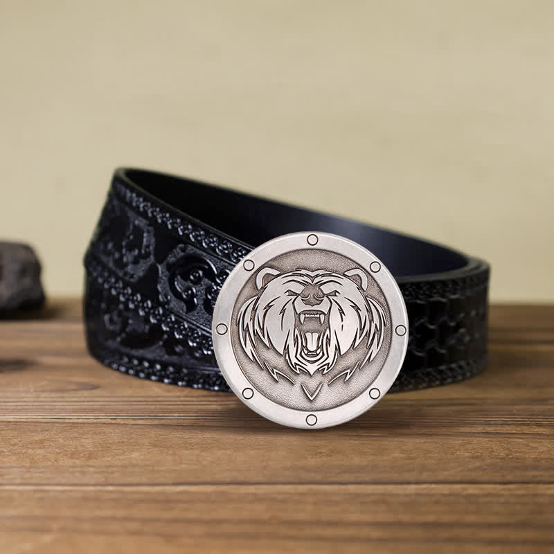 Men's DIY Round Punk Tiger Head Buckle Leather Belt - Tiger Head - Black Carved Belt (40) - image 6