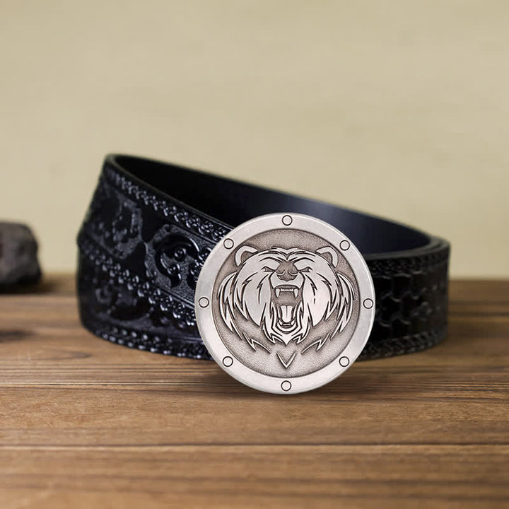 Men's DIY Round Punk Tiger Head Buckle Leather Belt - Tiger Head - Black Carved Belt (40) - image 6