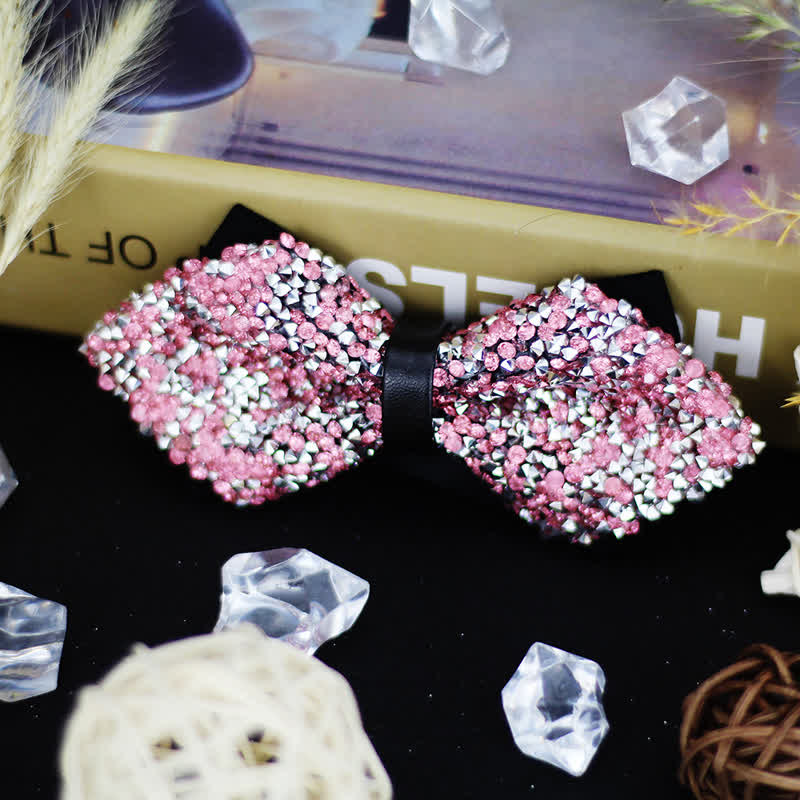 Men's Sparkle Rhinestone Double Layered Pointy Bow Tie - Pink - image 3