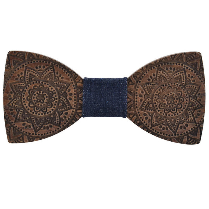 Men's Engraving Luxury Flower Wooden Bow Tie - Dark Blue - image 4