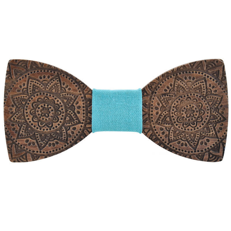 Men's Engraving Luxury Flower Wooden Bow Tie - Cyan - image 11