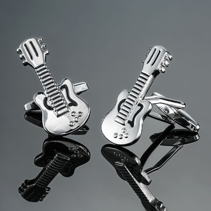 Men's Stylish Music Instrument Note Cufflinks - Silver Guitar - image 17