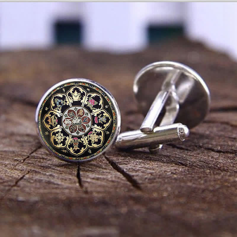 Men's Black Mandala Flower Glass Dome Cufflinks - Silver - image 1