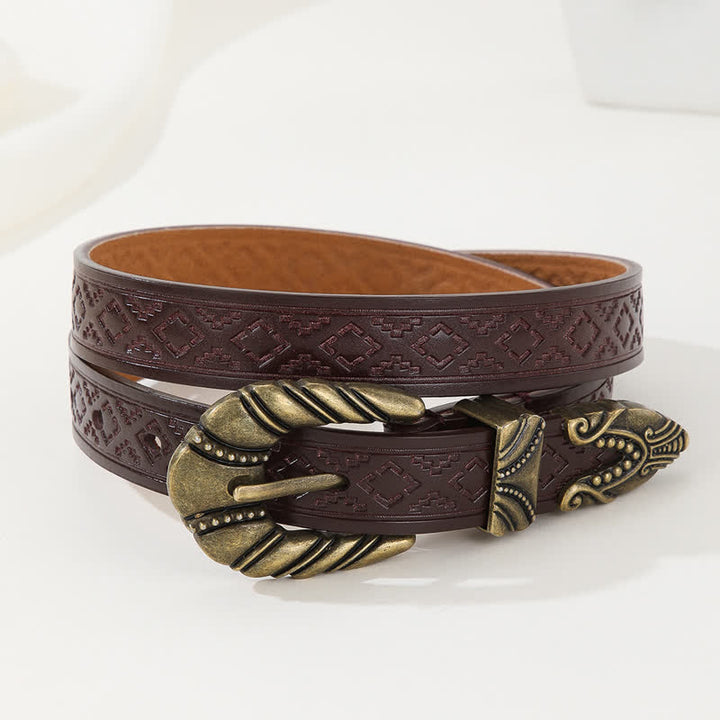 Women's Rhombus Embossed Coffee Leather Belt - Coffee - 36 - image 0