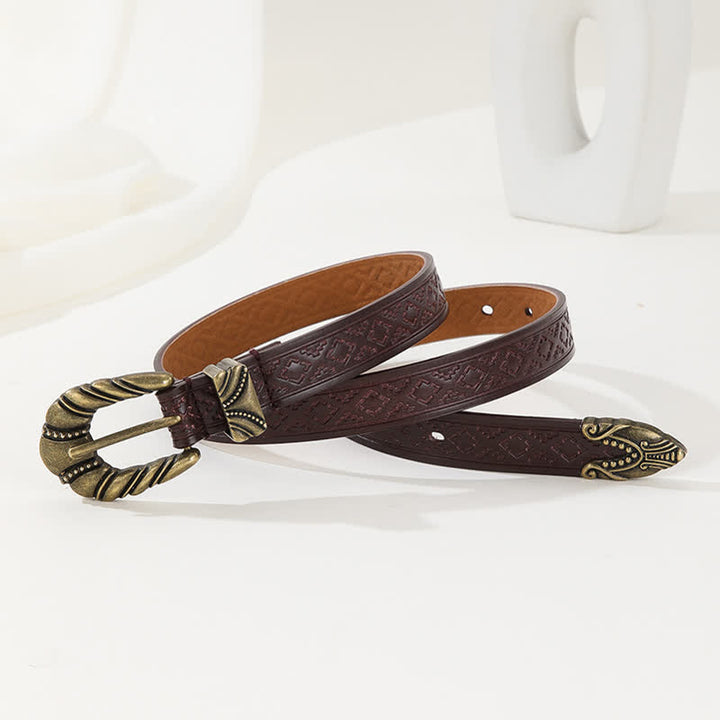 Women's Rhombus Embossed Coffee Leather Belt - image 1