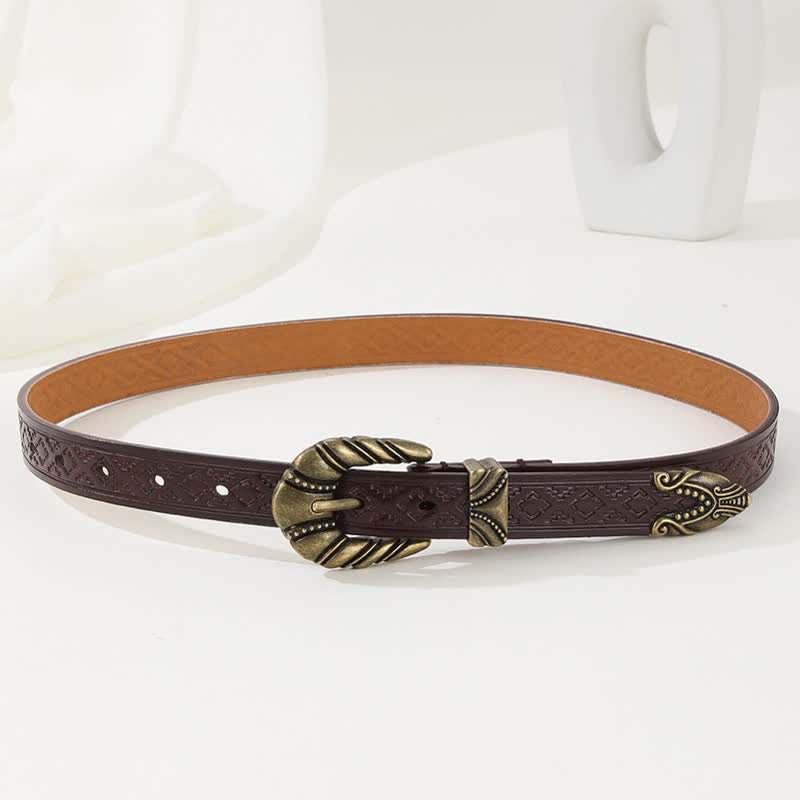Women's Rhombus Embossed Coffee Leather Belt - image 3