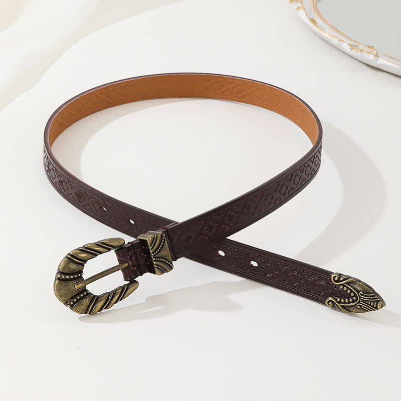 Women's Rhombus Embossed Coffee Leather Belt - image 2