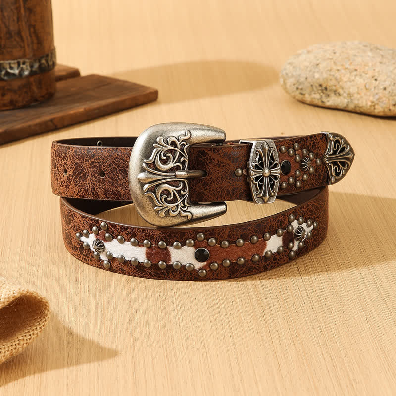Women's Retro Imitated Furs Splicing Leather Belt - Brown - 36 - image 0