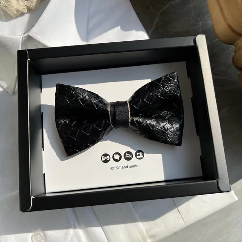 Men's Weave Pattern Design Black Leather Bow Tie - image 2