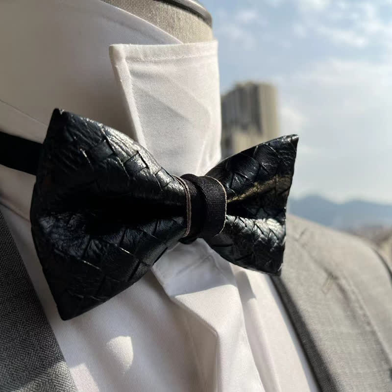 Men's Weave Pattern Design Black Leather Bow Tie - image 1